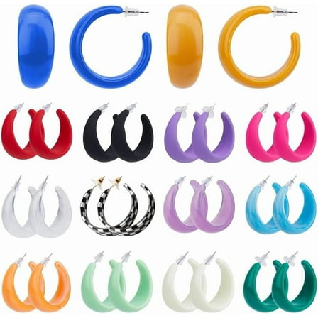 14 Pairs 14 Colors Neon 80s Earring Colorful Hoop Earrings C-shaped Earrings Chunky Hoop Earring Acrylic Earrings Set Cute Statement Fashion Jewelry