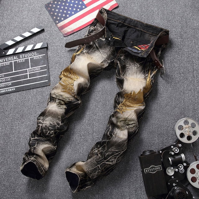 Mikilon Men's High-end Stretch Nostalgic Street Personality Embroidery Ripped Denim Trousers Retro