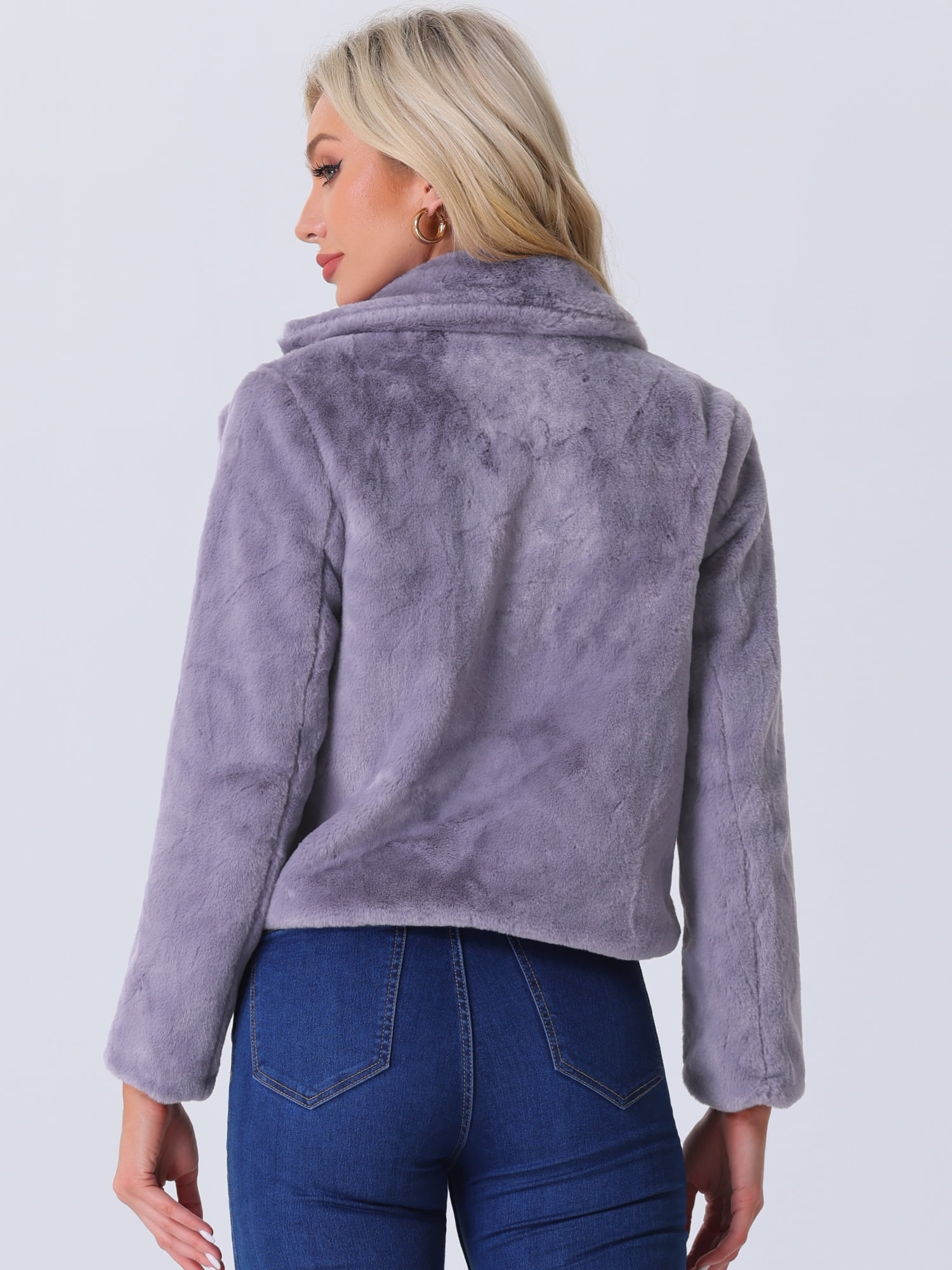 DARING DIVA Women's Cropped Notch Lapel Faux Fur Fluffy Coat L Grey Purple