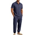 thumbnail image 6 of hotojiny Mens Summer 2 Piece Set Button Collared Short Sleeve Golf Shirt Cinch Bottoms Cargo Pants Walking Casual Outfits(Navy,Small), 6 of 7