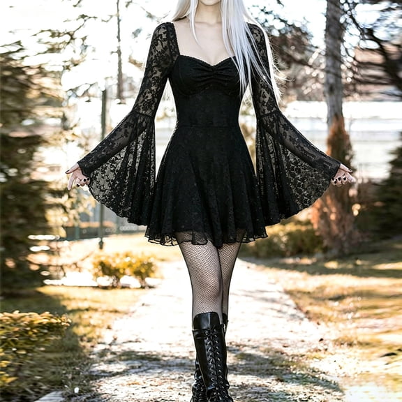 NinXxx Elegant Sleeveless Lace Neckline Casual Events Dress Halloween Party Black S