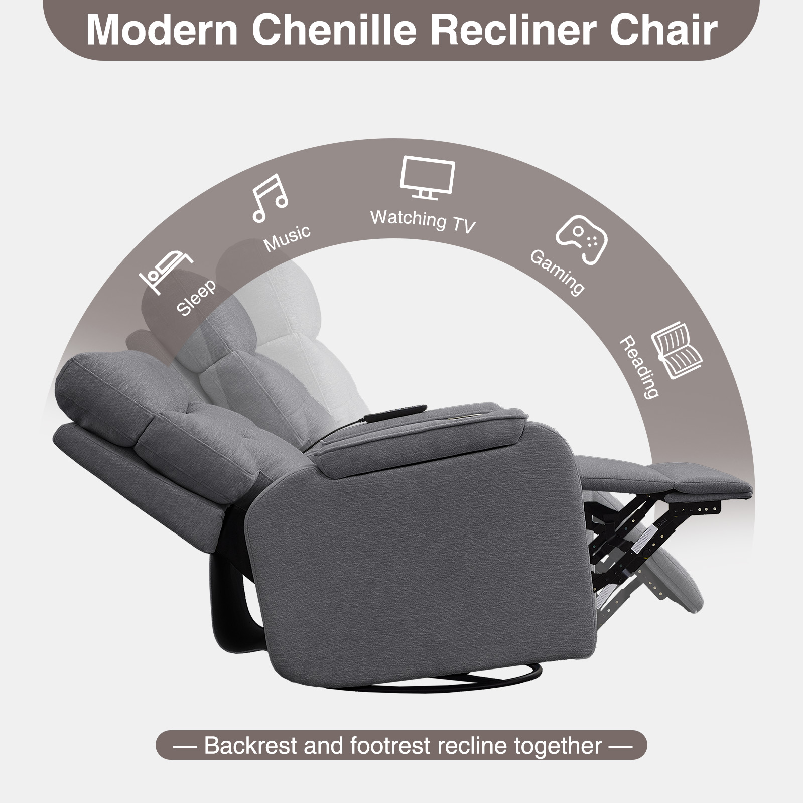 Aemeios 22in Wide Power Recliner Chair with Massage and Heat, Swivel Rocker, Grey