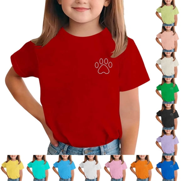 PIWHJQK Girls'Short Sleeve T Shirts Casual Comfortable Tees Boys Girls Solid Short Sleeve Crew Neck Top With Rhinestone Print Summer Tops