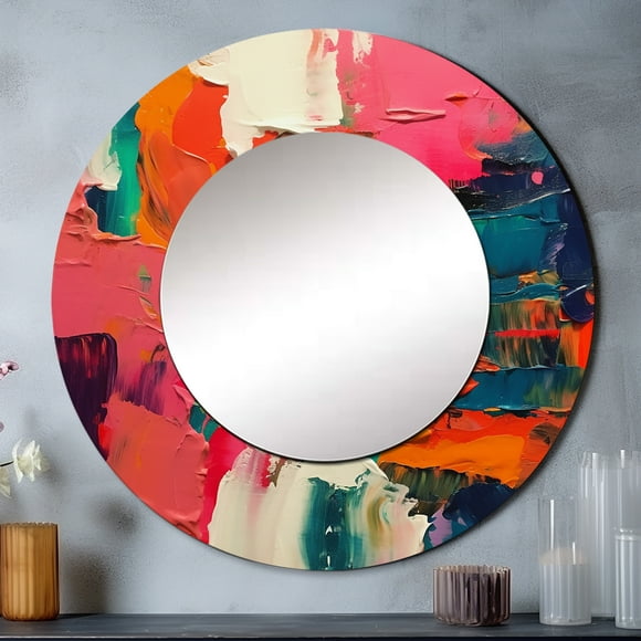 Designart "Fragments Of Reality Pink Blue Abstraction" Abstract Round Mirror Wall Décor Modern - Large Pink Round Mirror - Round Mirror 36" x 36" Inch