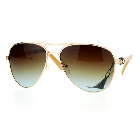 Brown Fashion Aviator - SA106 Luxury Womens Metal Jewel Fashion Aviator Sunglasses Gold Brown