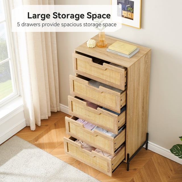 EDTara Commode Bohème en Rotin à 5 Tiroirs, Commode en Bois Fini Chêne, Unité de Rangement Moderne pour Chambre Ou Entrée