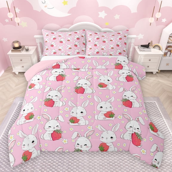 jejeloiu Kawaii White Rabbit Bedding Comforter Set,Res Sweet Strawberry Twin Comforter Sets,Cute Flowers Blossom Bedding Set For Girls,Ultra Soft Home Decor Reversible,2 Pieces