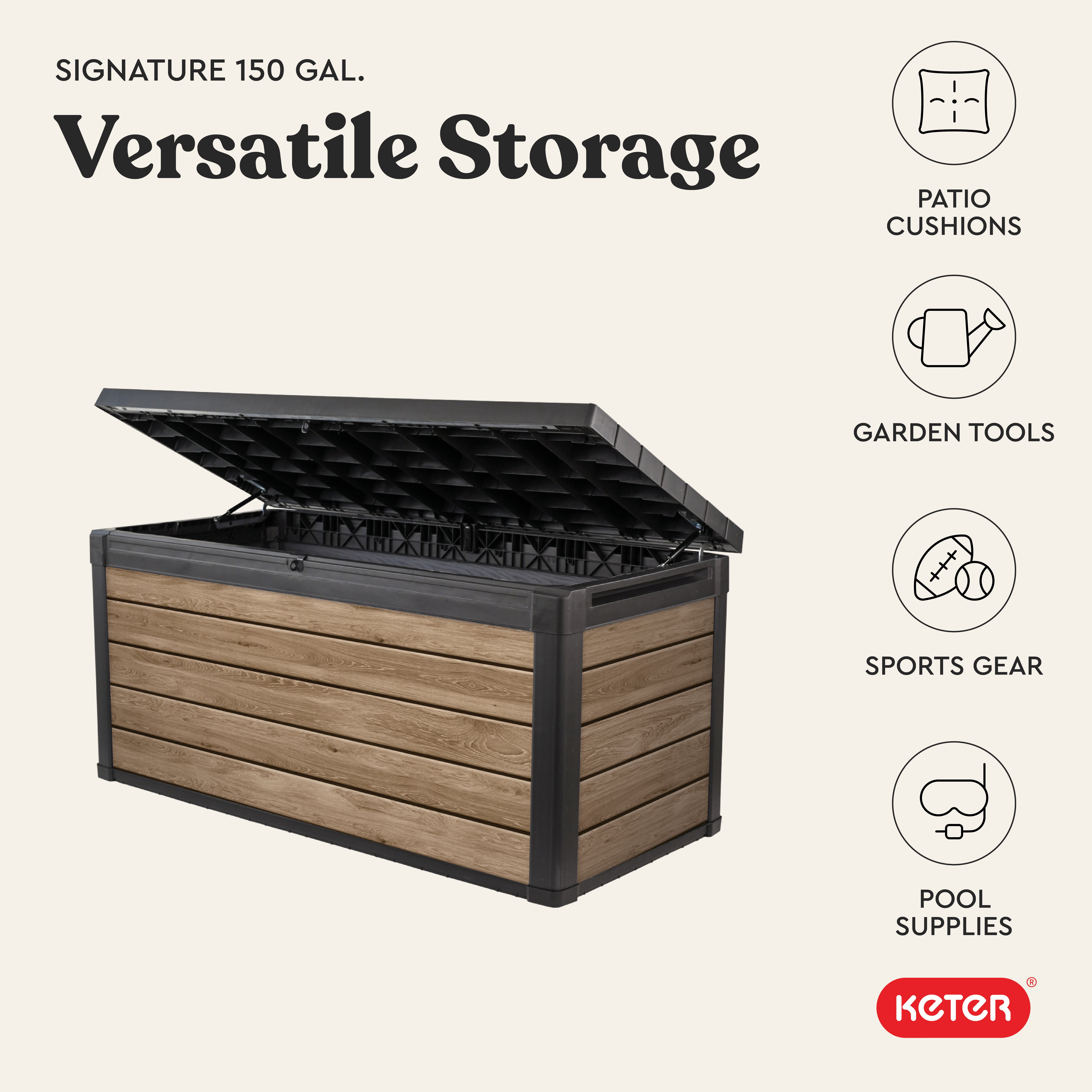 Keter Eastwood 150 Gallon Durable Resin Outdoor Deck Box Storage Organization, Ashwood