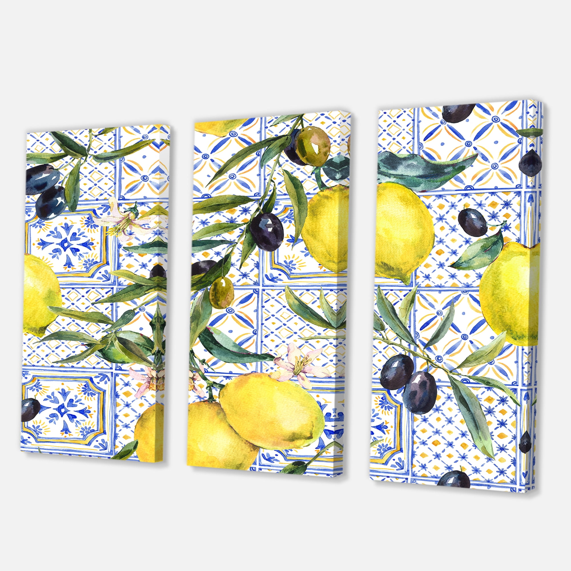Designart ' Geometrical Pattern of Lemon Ornament On Blue III ' Tropical Canvas Wall Art Print