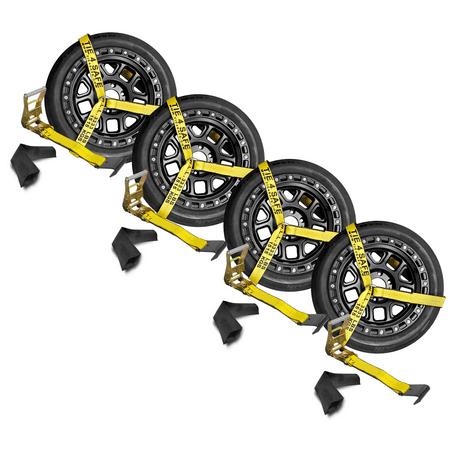 

Mega Cargo Control USA 4 Pack 2 x 10 Side Mount Wheel Net Tie Down w/ Ratchet Lasso Strap Flat Hook WLL: 3333 lbs Yellow