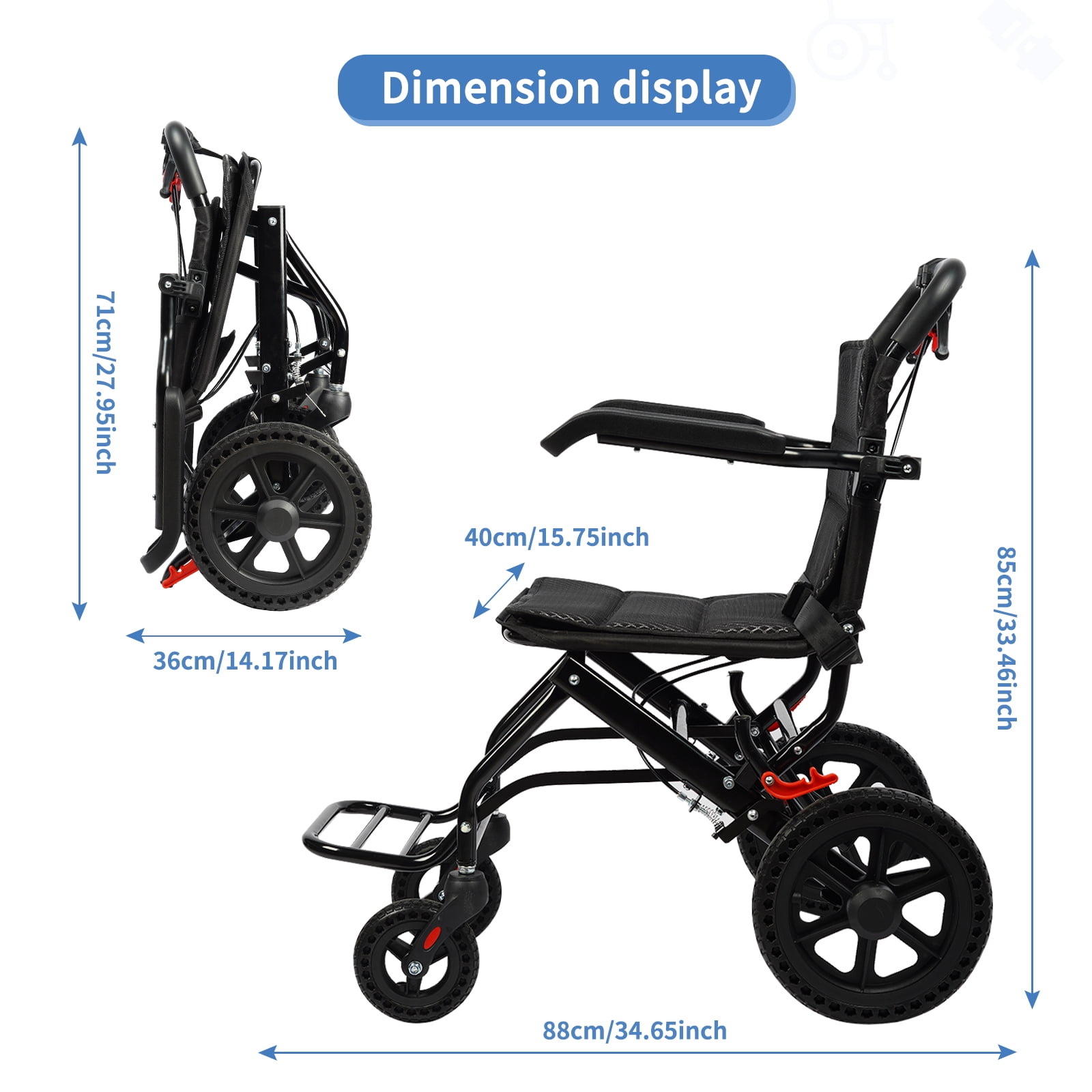 Large Portable Aluminum Transport Wheelchair | Handbrake & 12" Rear Wheels | Lightweight Folding Travel Chair for Adults & Kids | Black (Seat Width: 18")
