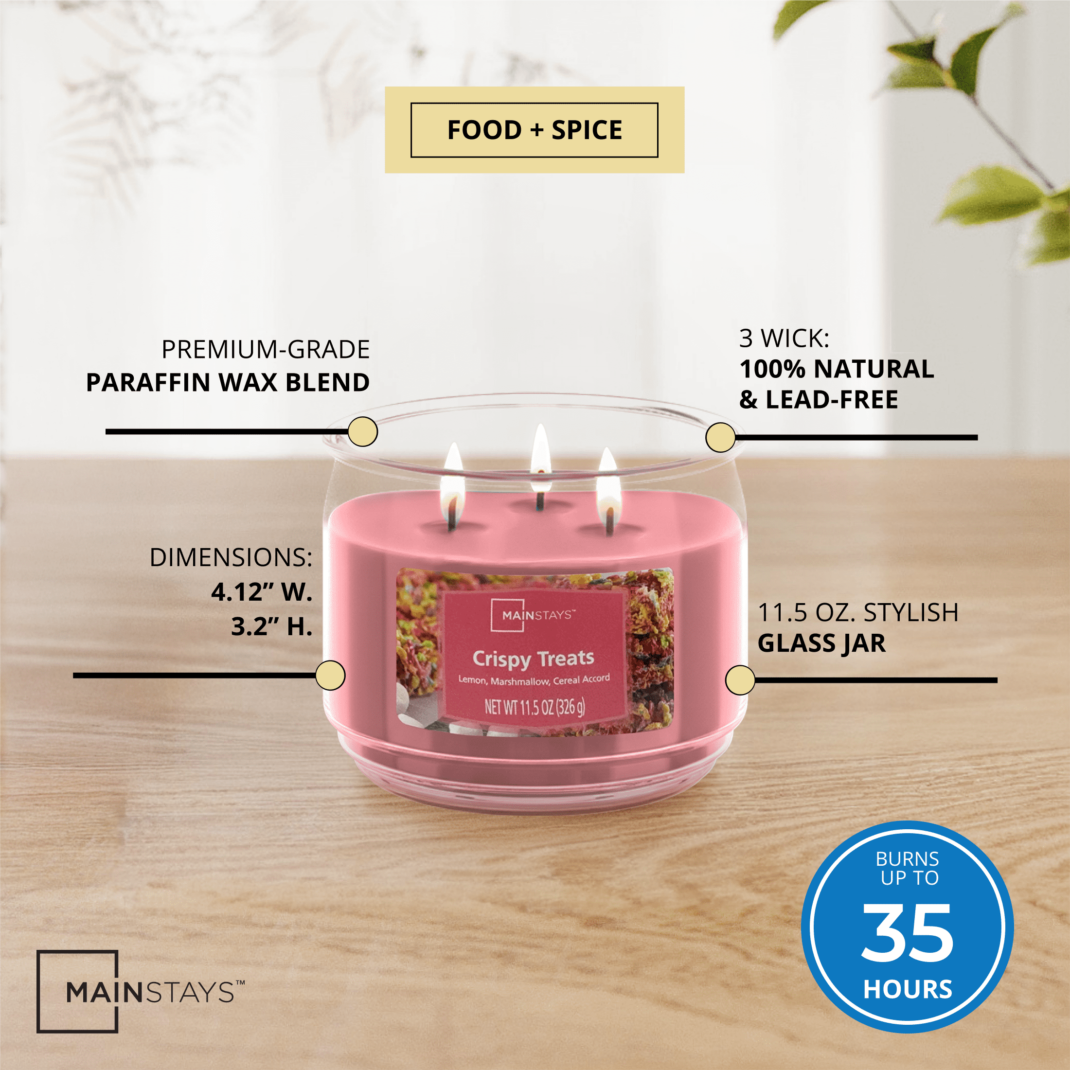 (4 pack) Mainstays 3-Wick Scented Glass Jar Candle, Crispy Treats, 11.5oz.