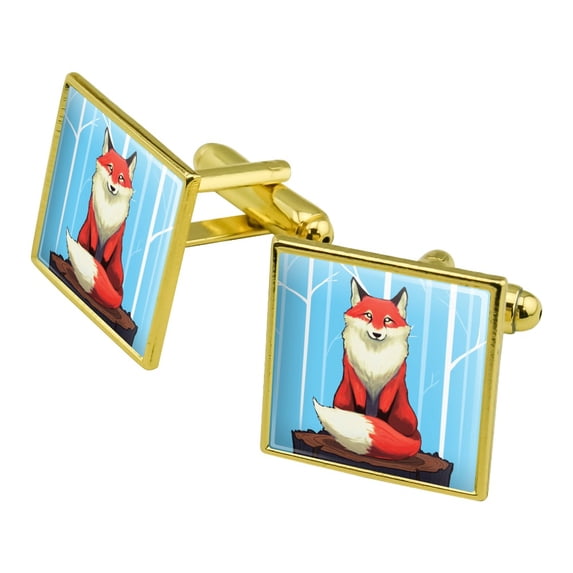 Fox on Tree Stump Square Cufflink Set - Silver or Gold