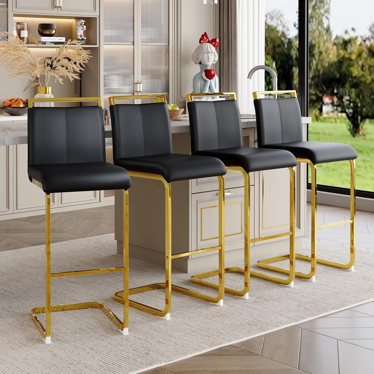 Lecut 30" Counter Height Bar Stools Set of 4, Modern Upholstered PU Leather Bar Stools with Back and Gold Chrome Plated Metal Frame, Armless Bar Chairs for Kitchen Island (Black+Gold)