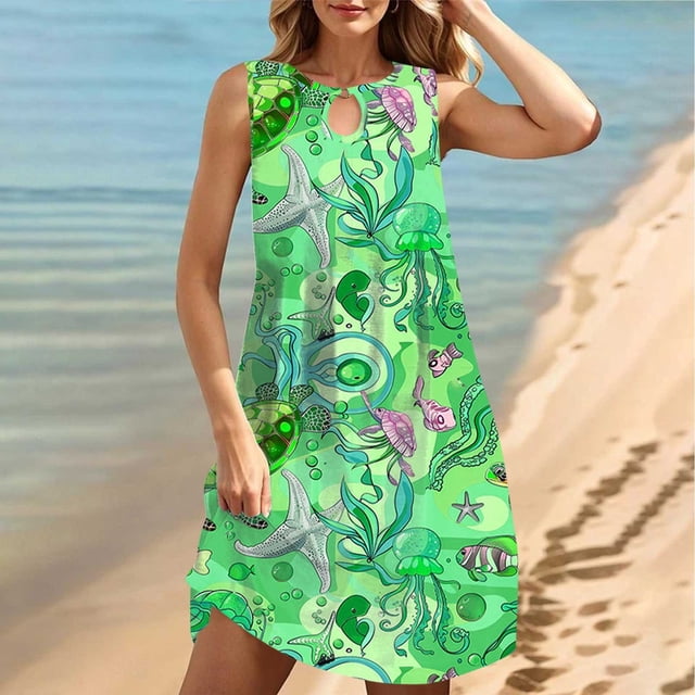FcBaudy Robe Sans Manches à Col Rond, Robes d'Été pour Femmes, Robes pour Femmes Robe à Col Rond Sans Manches à Dégradé Teinture sur Nœuds de Plage Robe pour Femme