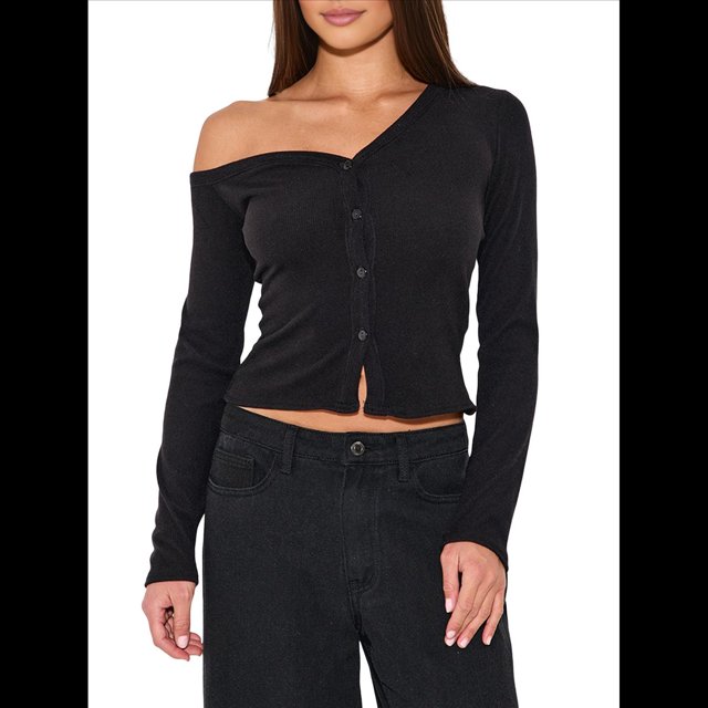 Cárdigan Corto de Larga con Hombros Descubiertos y Abertura Frontal para Mujer, Camisa con Botones, Tops de Otoño Negro M