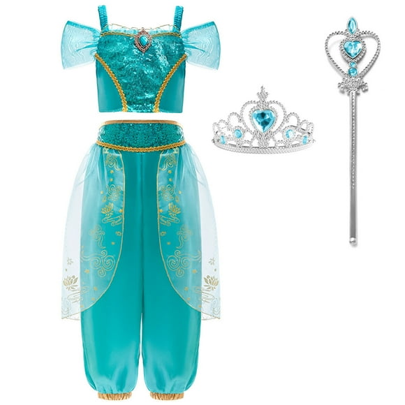 SUEE Princess Jasmine Female Halloween Fancy-Dress Costume with Crown Wand, Little Girl's 3-9 Years