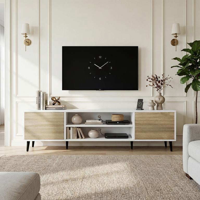 Vineego TV Stand for 70 Inch TV with 2 Push-to-Open Doors, Mid-Century Modern Media Console with Open Shelves, Entertainment Center for Living Room Bedroom, Beige & White