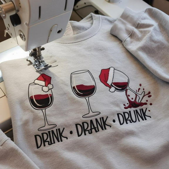 Christmas Drink Drank Drunk Wine Embroidered Sweatshirt, Wine Bottle Embroidered Hoodie, Christmas Shirt, Christmas Crew Neck Sweatshirt