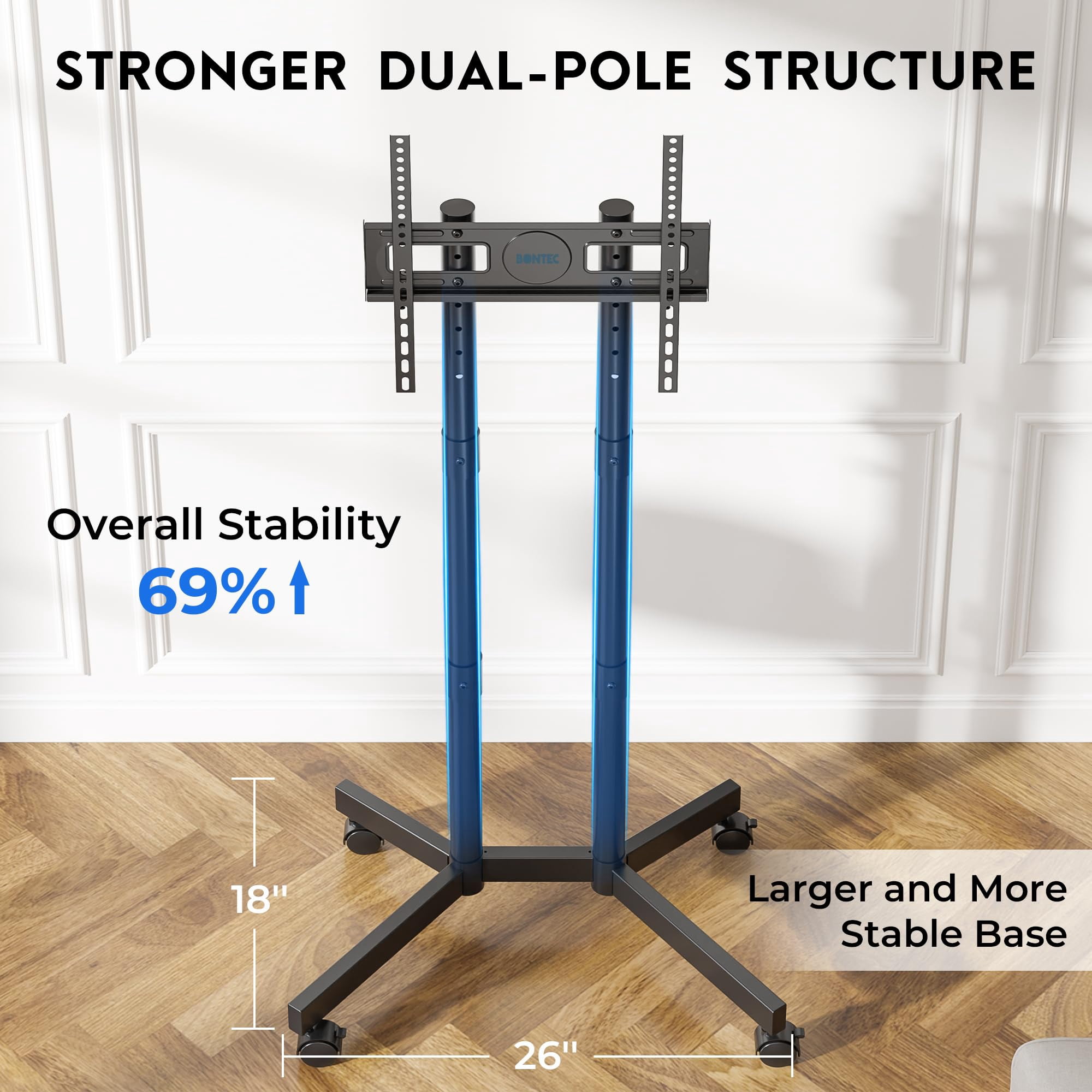 BONTEC Rolling TV Stand for 32-75 Inch TVs, Height Adjustable Mobile TV Cart on Wheels, Heavy Duty TV Stand Supports Up to 110lbs, Stable Dual-Column Design, Cable Management, Indoor, Outdoor