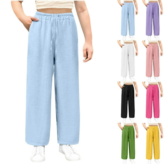 Mwjwdo Girls Ice Silk Wrinkle Pants Lightweight Comfy Cropped Wide Leg Lounge Pants Kids Stretchy Drawstring High Waisted Summer Pant with Pockets Hot Pink 14 Years