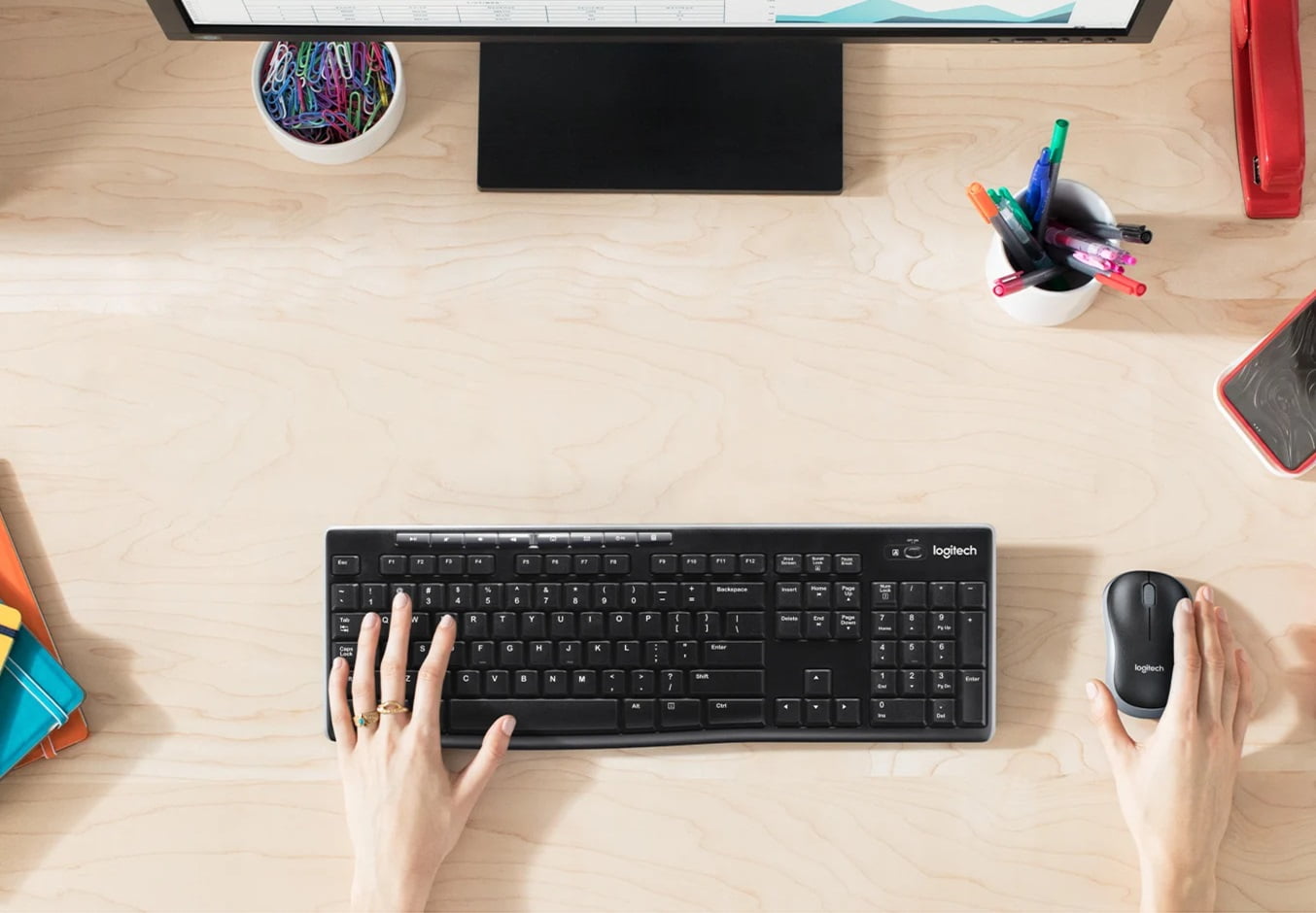 Logitech MK270 Wireless Keyboard & Mouse Combo Active Lifestyle Travel Home Office Must-Have Modern Bundle with Mini Glow in the Dark Portable Wireless Bluetooth Speaker, Gel Wrist & Mouse Pad