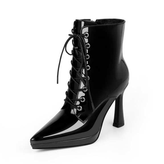 YOWMNS Women's Ankle Boots Pointed Toe Platform Patent Leather Side Zipper Lace Up High Stiletto Heel Booties (Black,6)