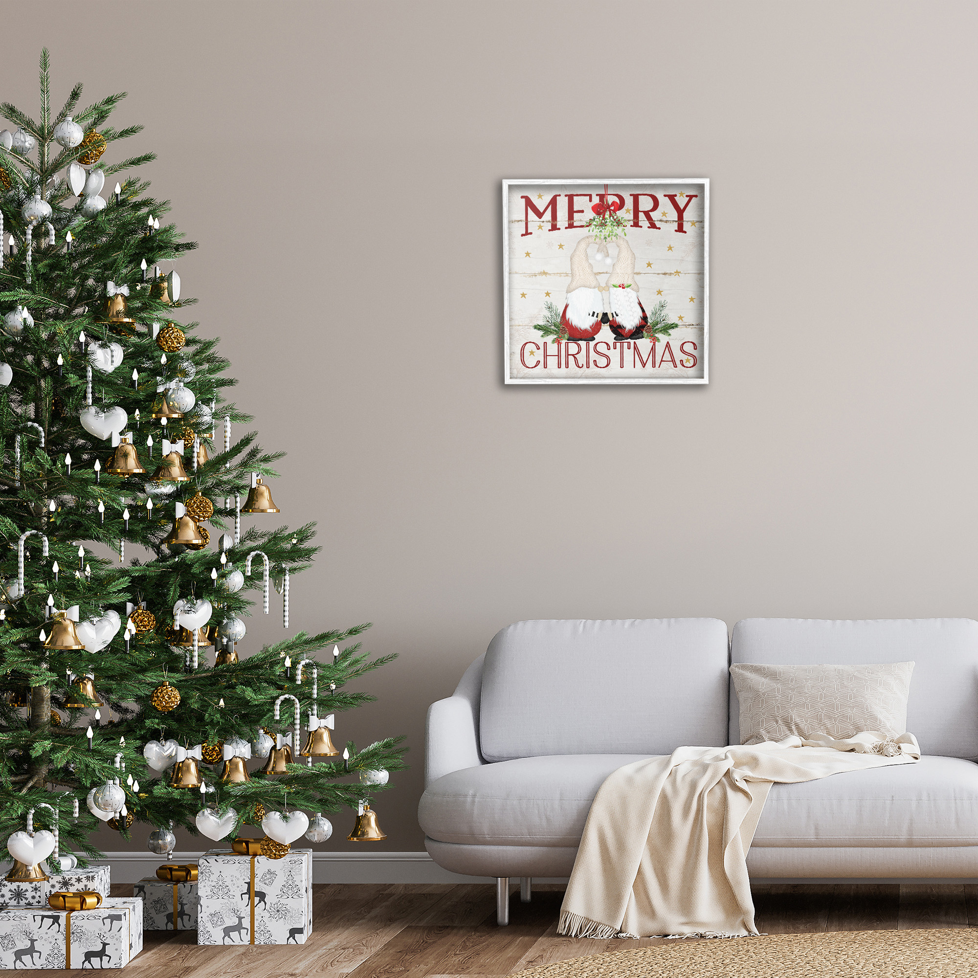Stupell Industries Holiday Gnomes Under Mistletoe Holiday Painting White Framed Art Print Wall Art, 24 x 24
