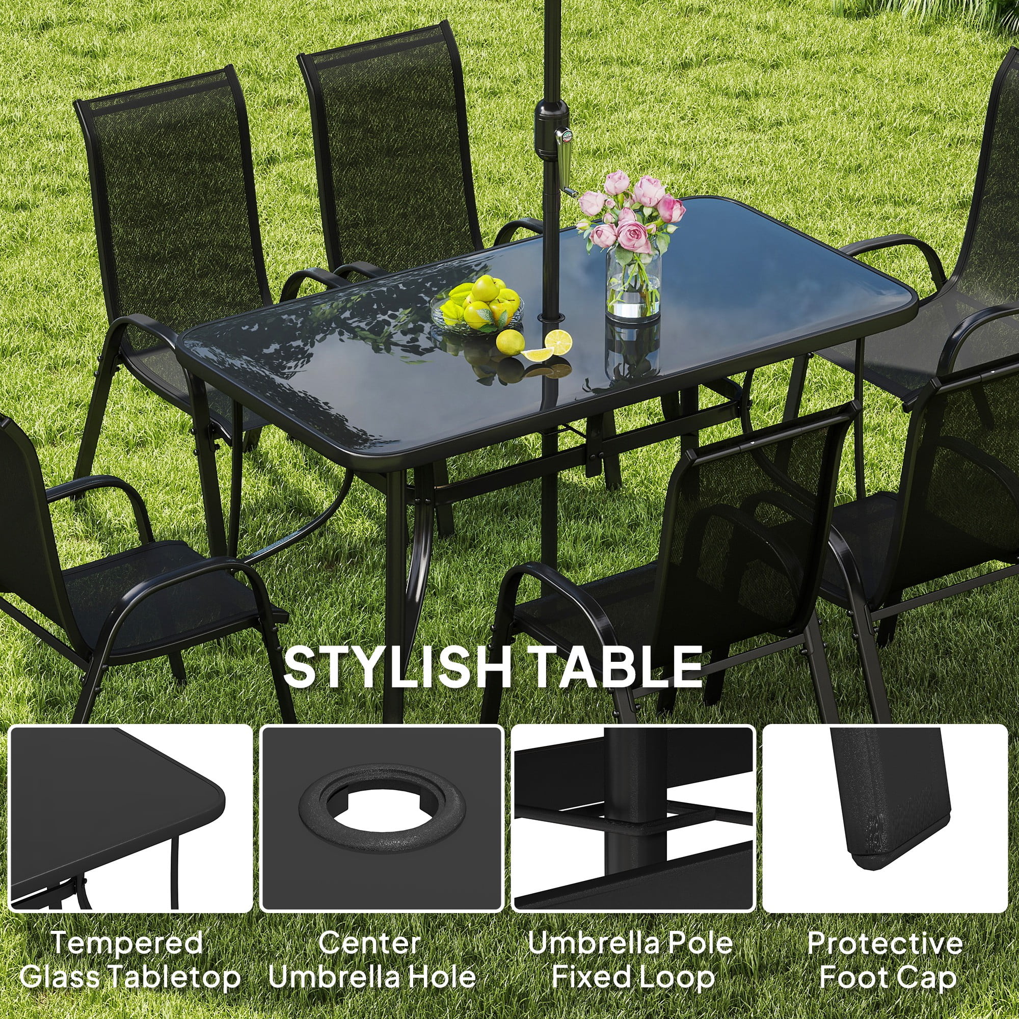 Outsunny 8 Piece Patio Furniture Set with Umbrella, Outdoor Dining Table and Chairs, 6 Chairs, Push Button Tilt and Crank Parasol, Glass Top, Black
