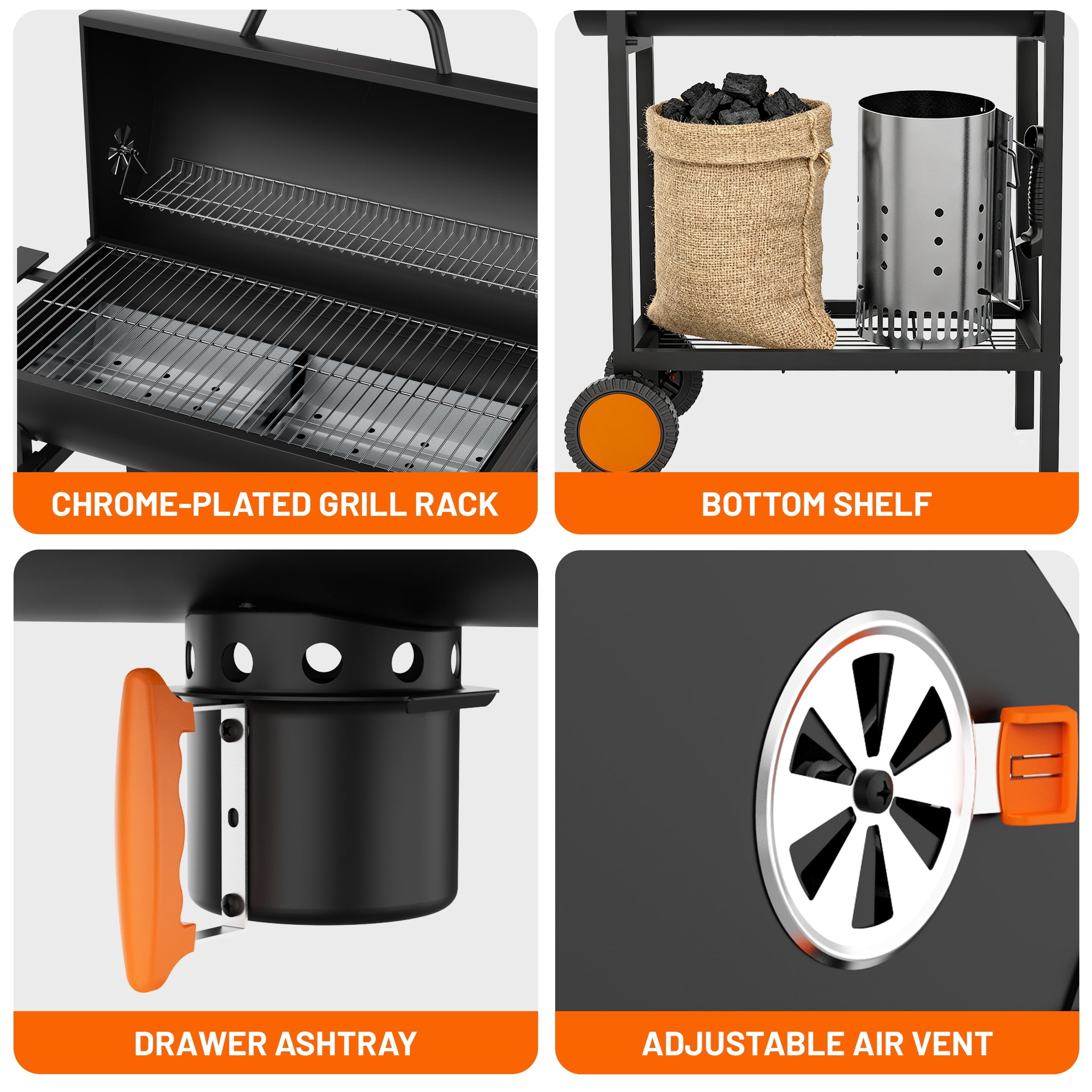 KEYO GRILL Large  Charcoal Grill with Foldable Table, Rotisserie & Dual-Zone Charcoal Pans, Black