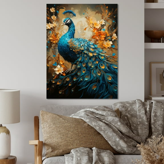 Designart "Blue Gold Emerald Peacock Drips" Animals Metal Wall Art