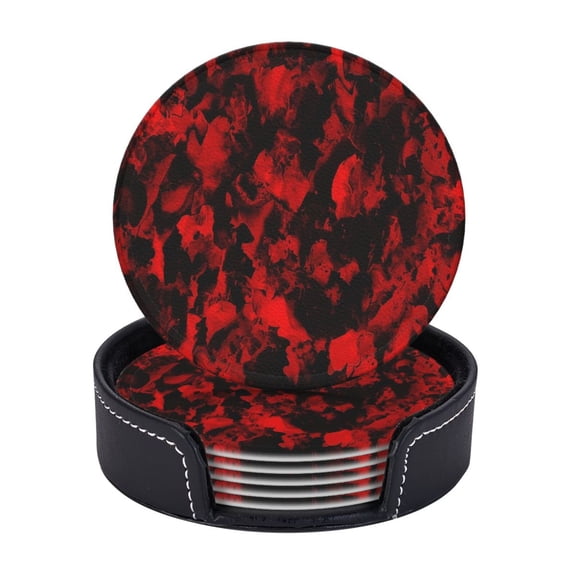 Red Black Red And Black Ink, Abstract Art Coasters With Leather Holder Set Of 6 Round Coasters for Home and Kitchen Decor