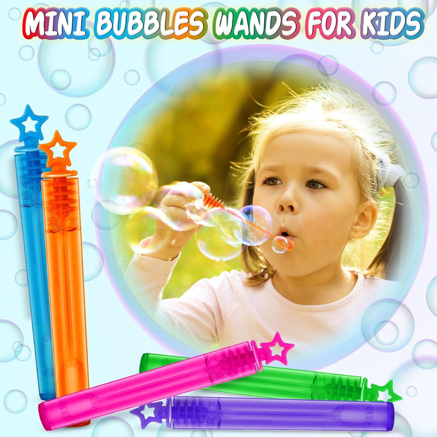 PRESS AND GO 120 Pcs Mini Bubble Wands in 6 Colors, Themed Birthday, Christmas, New Year, Valentine, Carnival