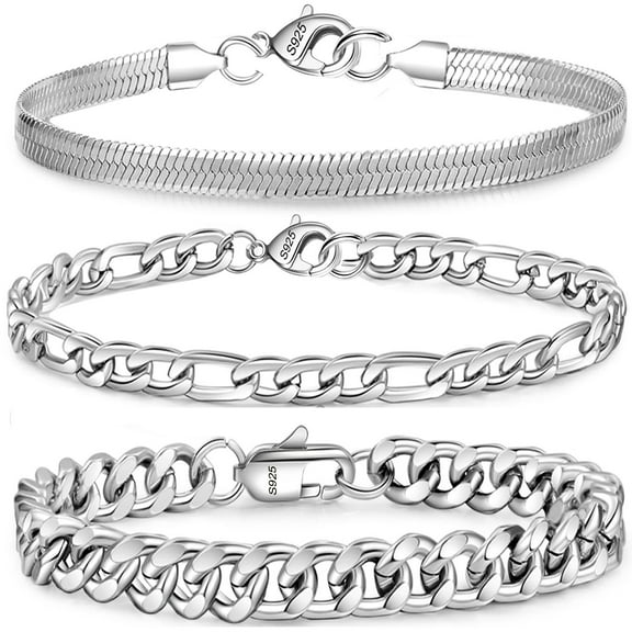 3 Pcs Sterling Silver Bracelets for Men Women,Silver Charm Bracelet Cuban Link Curb Figaro Herringbone Chain Bracelets Set Jewelry Birthday Christmas Gift 6.5/7/7.5/8.3/9 Inches Chain