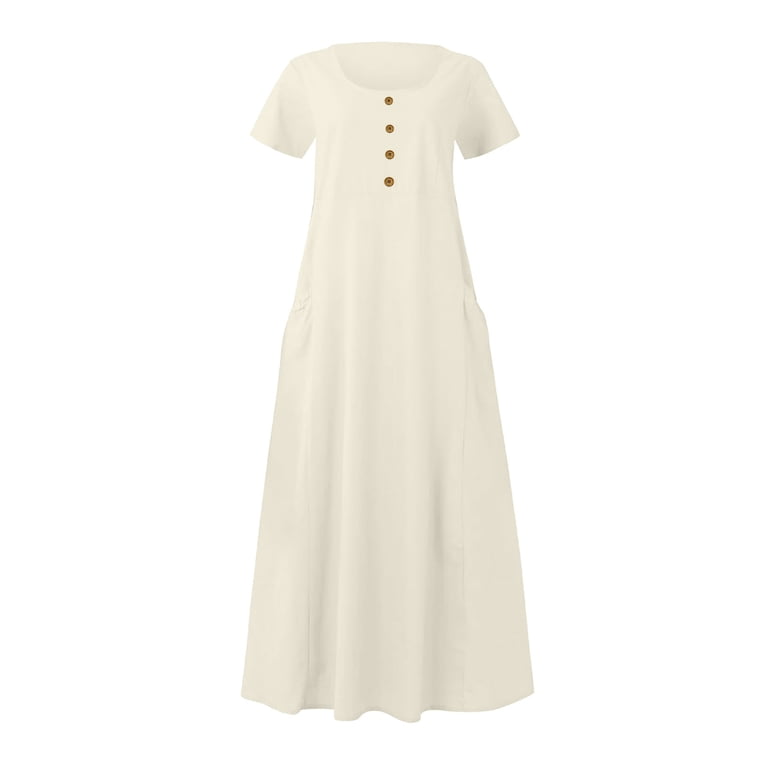 Bazeneo Linen Dress with Pockets for Women Ladies Summer Kaftan Cotton Linen V Neck Button Sleeveless Maxi Dress with Pockets UK Casual Plain Long