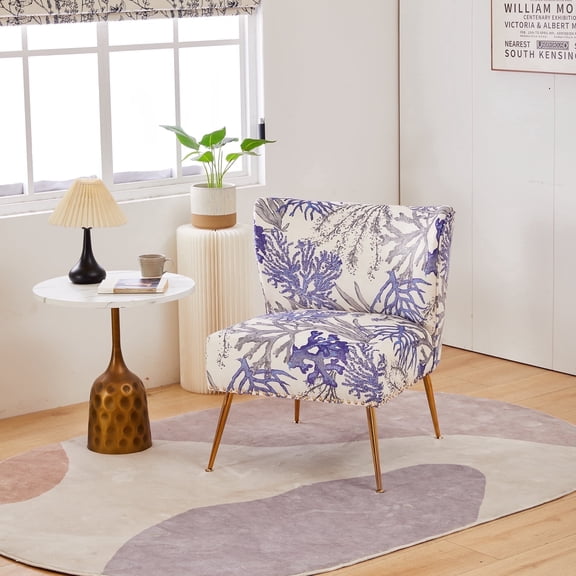 ENYLAY Modern Coral Print Accent Chair with Gold Legs, Upholstered Armless Side Chair for Living Room Bedroom