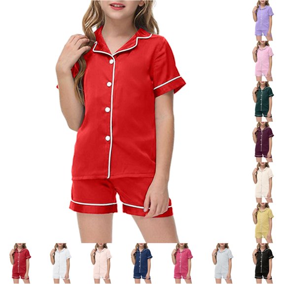 RUTAYY Girls Pajama Set Short Sleeve Turndown Collar Shorts Solid Color Button Front Contrast Kids Sleep Outfit Red