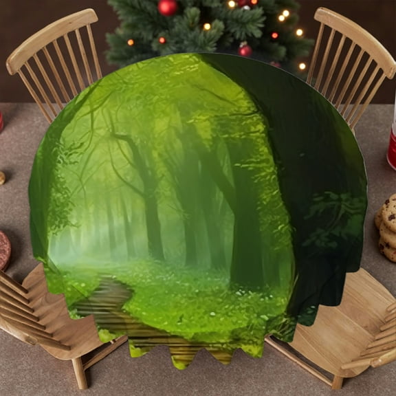RKSupls 60 Inch Soft - Forest Path Green Light Print, Polyester Tablecloths Machine-Made Round Tablecloth, Wedding, Party, Holiday, Home Dining
