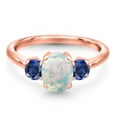 thumbnail image 3 of Gem Stone King 1.50 Ct Oval Cabochon White Simulated Opal Blue Created Sapphire 18K Rose Gold Plated Silver Ring, 3 of 6
