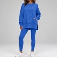 thumbnail image 4 of Women 2 Piece Tracksuit Set Solid Long Sleeve Crew Neck Side Split Top and Skinny Pants Loose Casual Loungewear Outfit for Daily Street Wear Blue, 4 of 7