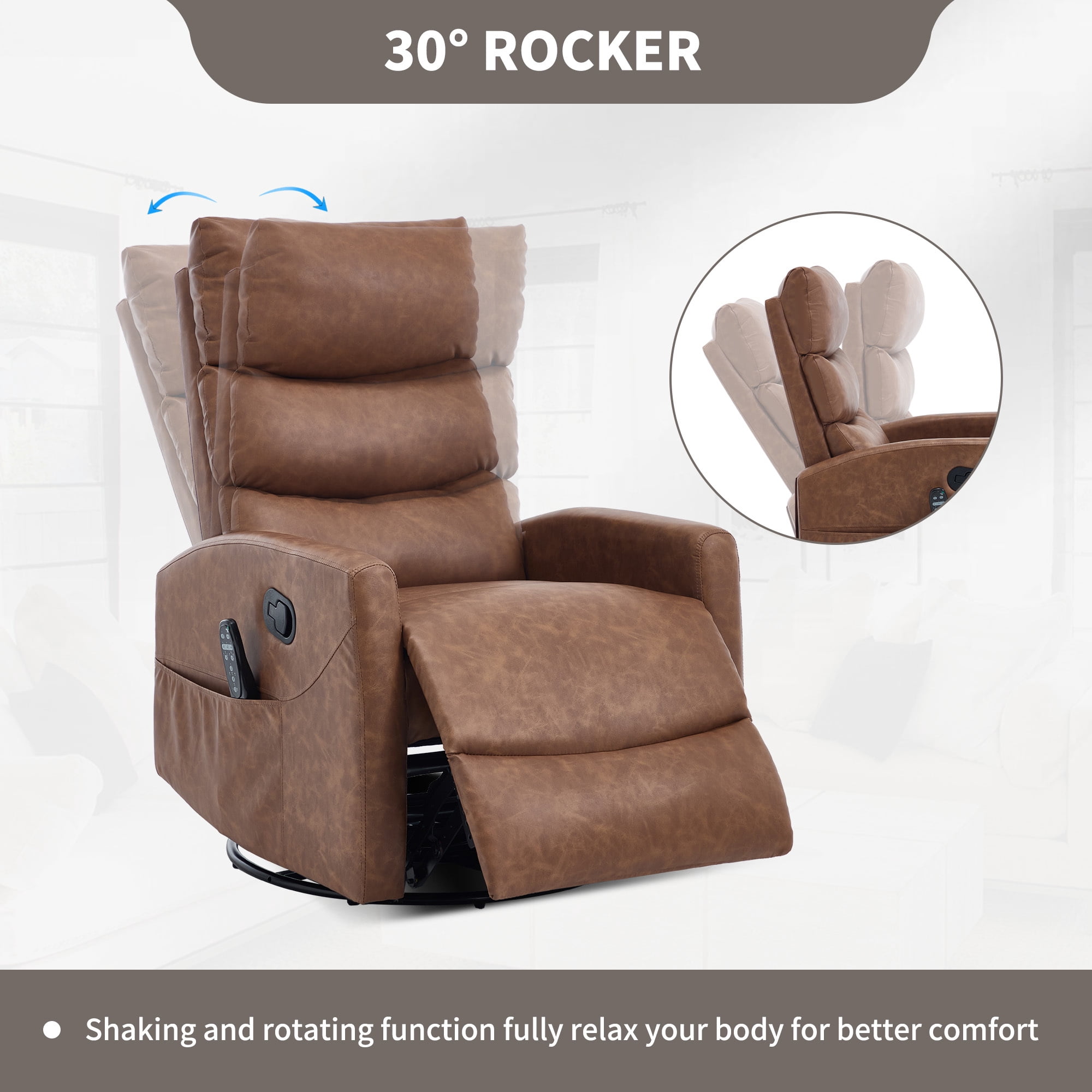 Leumius Swivel Recliner Chair,360° Glider Rocking Chair with Massage and Heating,PU Leather Small Manual Recliner for Nursery Home Theater,Yellow Brown PU