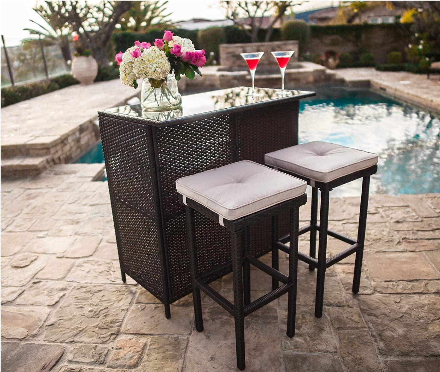 Suncrown Outdoor Bar Set 3 Piece Brown Wicker Patio Furniture Glass