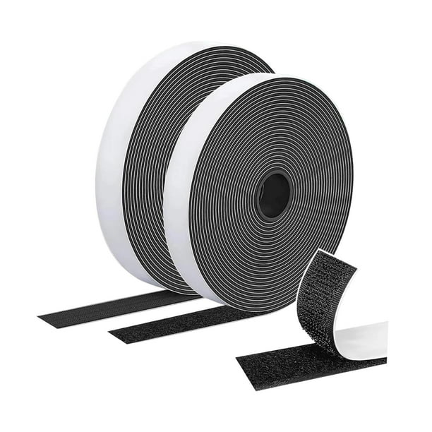 2 rollos de cinta de de 20 mm x 10 metros, multiusos para alfombras, tapetes y moquetas; cierre adhesivo ligero de color negro.