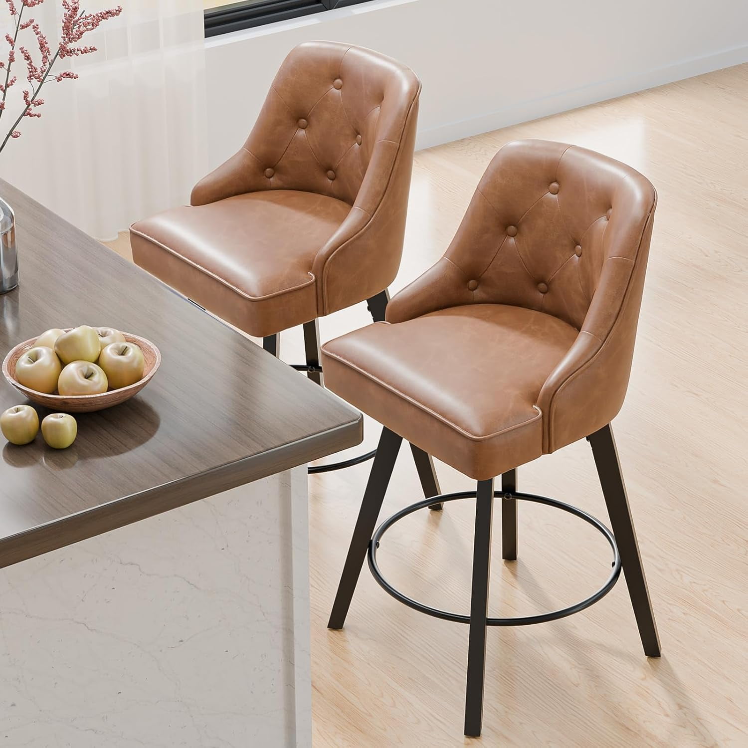 VINGLI 26" H Swivel Barstools Set of 2, Linen Fabric Upholstered Counter Stool with Back, Kitchen High Chairs Counter Height Bar Stools with Cushion, Solid Wood Legs, Beige