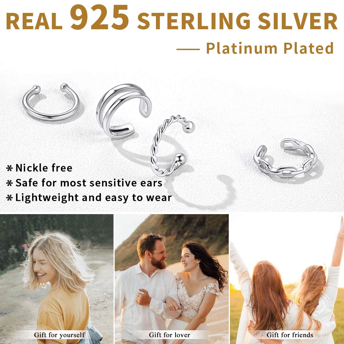 ChicSilver 4Pcs Ear Cuffs for Non-Pierced Ears, Various Styles Women Sterling Silver Cartilage Clip On Fake Earrings Jewelry Gift