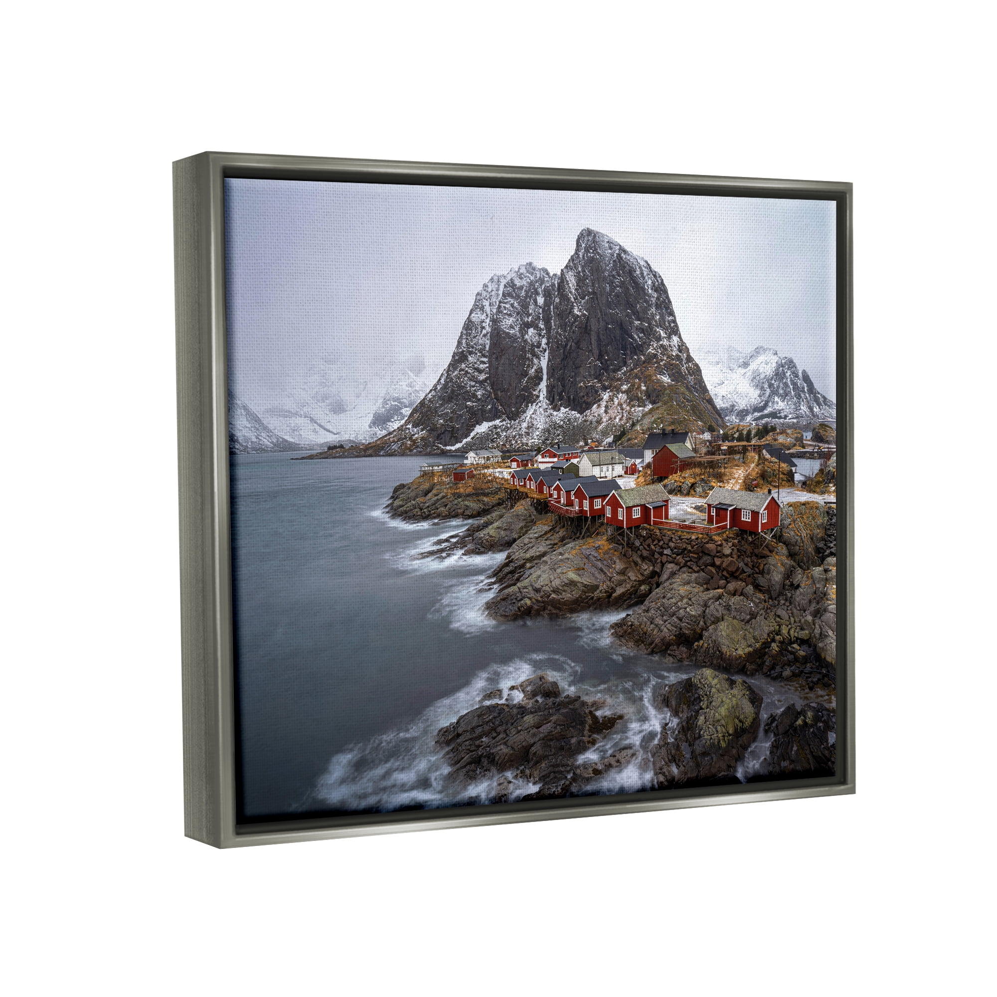Stupell Industries Cliffside Nautical Town Landscape Photography Gray Floater Framed Canvas Art Print Wall Art, 31 x 25
