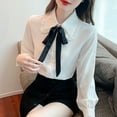 thumbnail image 2 of Women's Bow Tie Shirts Flounce Peter Pan Collar Long Sleeve Button Down Blouses OL Casual Work Tops, White B S-XXL, 2 of 6