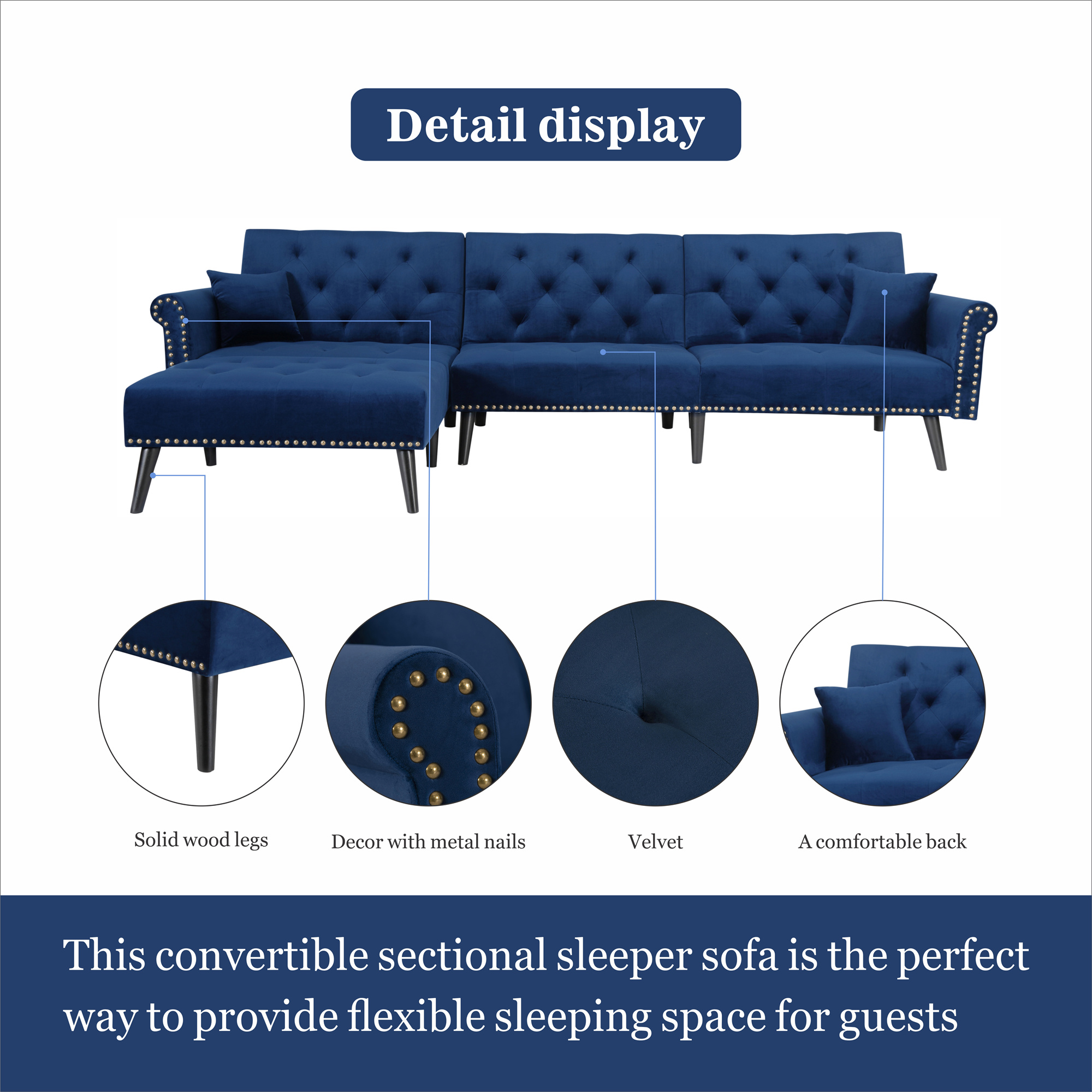 Aukfa 115" Velvet Sectional Sleeper Sofa for Living Room, Convertible Sofa Bed Queen, Blue