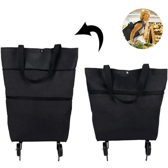 2 In 1 Foldable Shopping Cart,Collapsible Two-Stage Zipper Trolley Bags,Folding Shopping Bag With Wheels