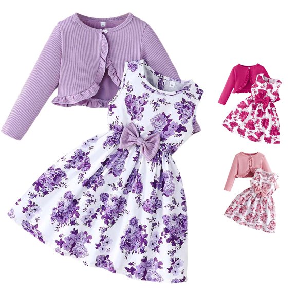 WAYUTE Girls 2 Piece Outfits Bow Ruffle Floral Print Sleeveless A Line Dress and Ruffle Long Sleeve Knit Cardigan Kids Child Clothing Set Casual Outdoor,Purple,Size 3-4 Y